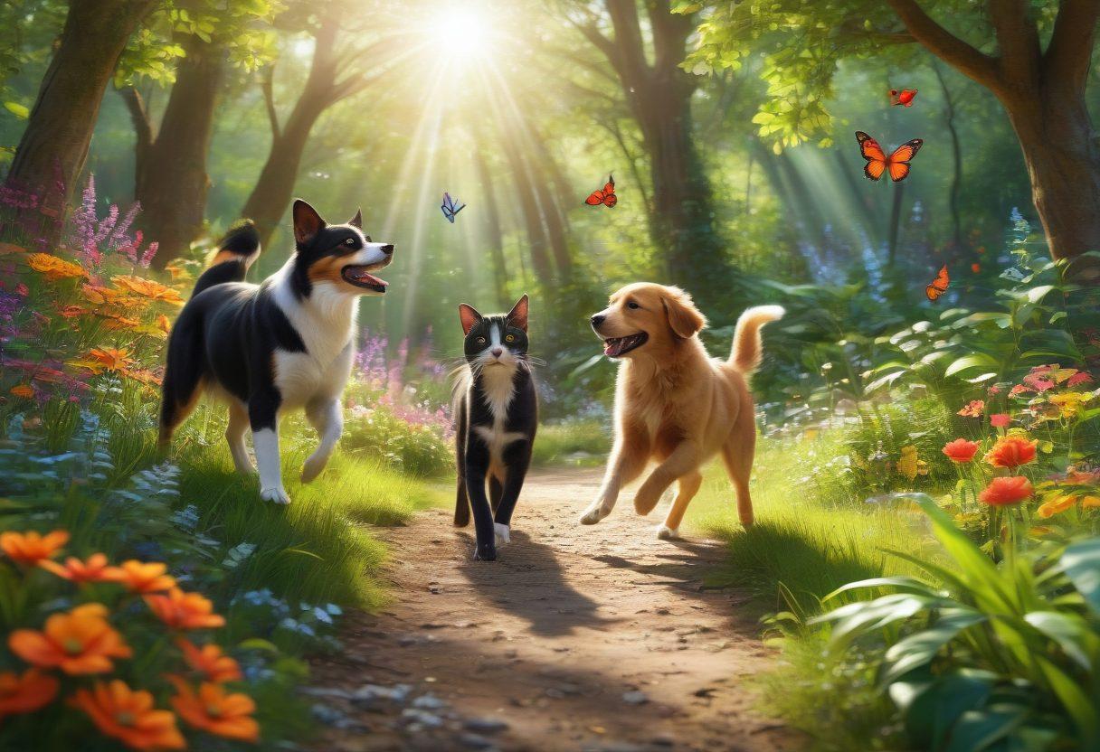 A playful scene of a dog and a cat joyfully exploring a vibrant forest filled with colorful flowers, butterflies, and a sparkling stream. The sun is shining through the leaves, creating a warm atmosphere of adventure and happiness. In the background, a family is playing frisbee, showcasing the bond with their pets. super-realistic. vibrant colors. 3D.