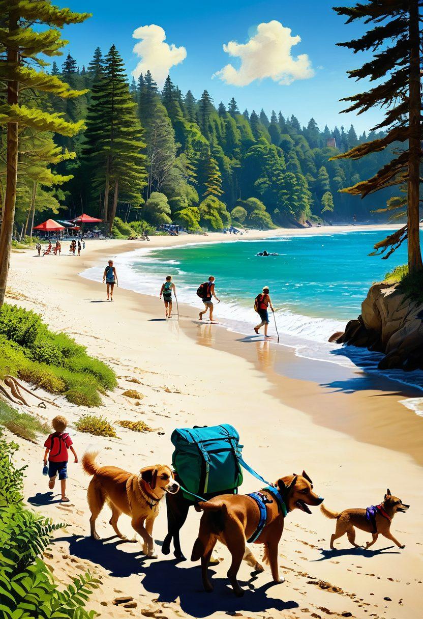 A joyful scene featuring a diverse group of people engaging in adventurous activities with their companion animals, such as hiking in a lush forest, playing on a beach, and exploring a vibrant cityscape, showcasing the bond between them. Bright, cheerful colors and dynamic action that capture the essence of unforgettable moments, with elements like backpacks, leashes, and smiles all around. super-realistic. vibrant colors. outdoor theme.