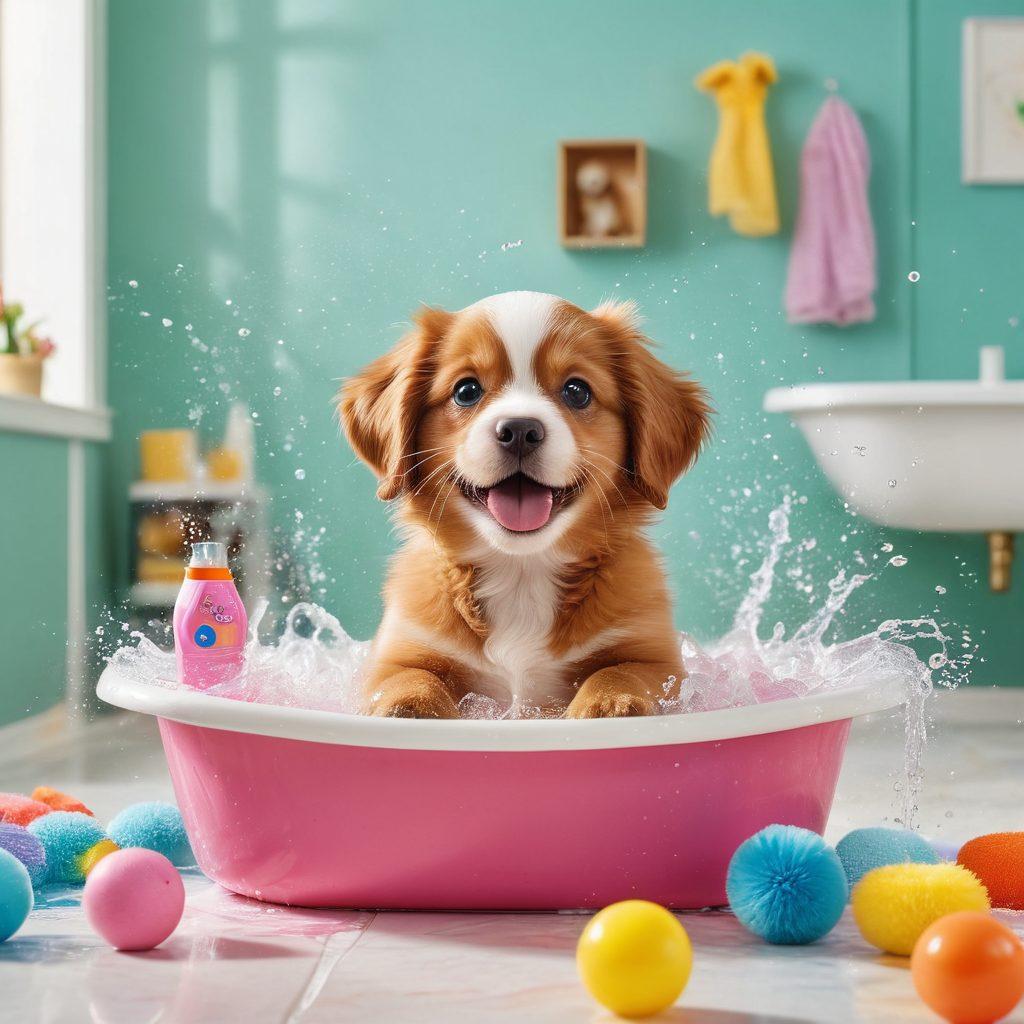 A vibrant scene showcasing a joyful pet grooming session, with a playful puppy getting a bath while colorful toys surround them. In the background, an inviting space with pet owners playing games with their furry friends, filled with laughter and connection. Lively colors to evoke a sense of fun and community among pet enthusiasts. super-realistic. vibrant colors. playful atmosphere.